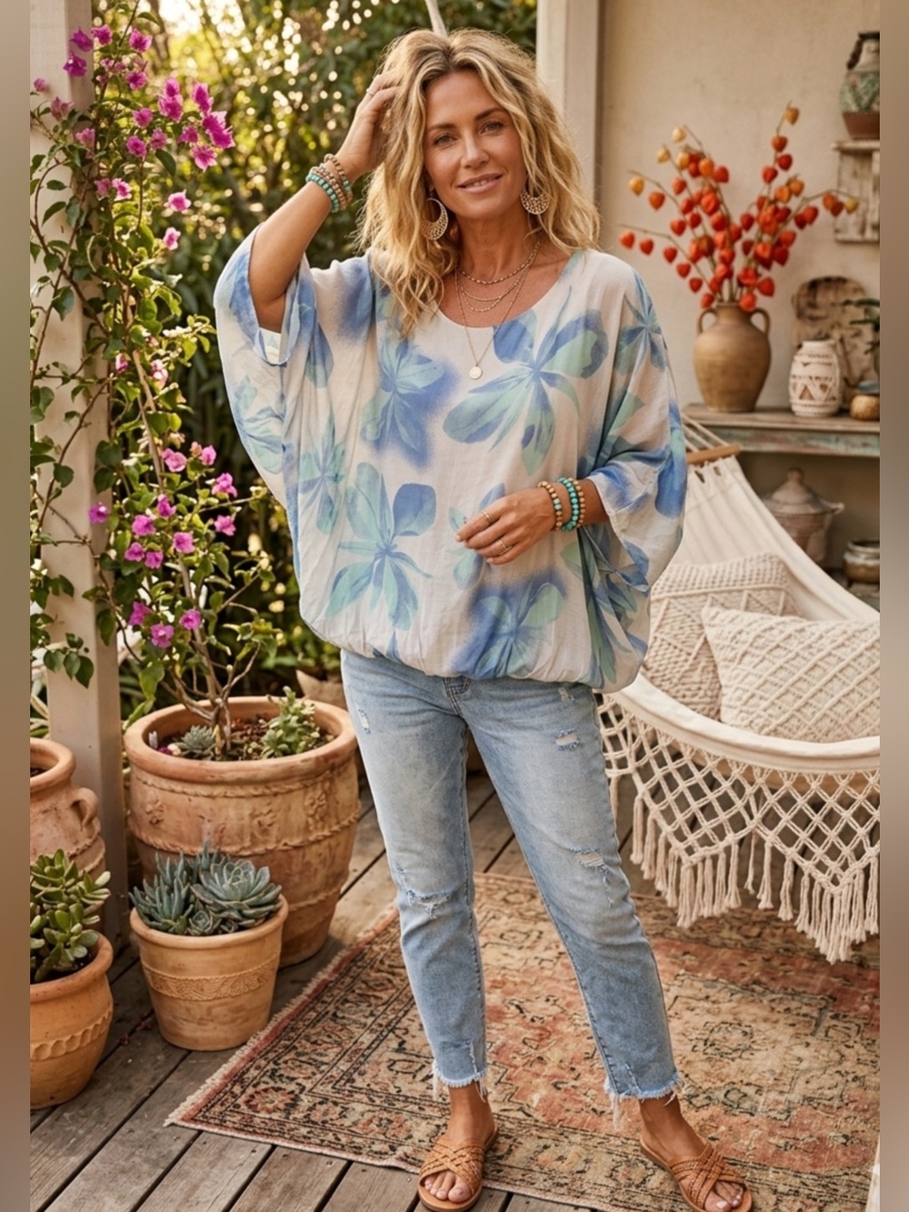 Elena Baldi Boho lined Billowy delicate floral motif top, size S, $45